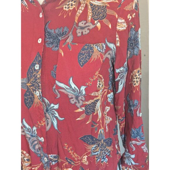 Intro. Petite PM Floral Print Roll-Tab Button-Up Blouse Red Rayon - Picture 2 of 6